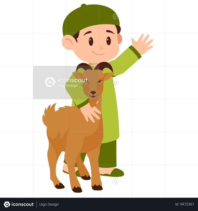 Boy Celebrate Eid Al Adha With Goat  Illustration