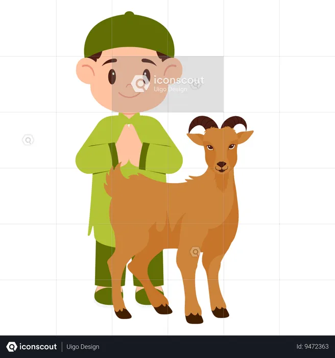 Boy Celebrate Eid Al Adha With Goat  Illustration