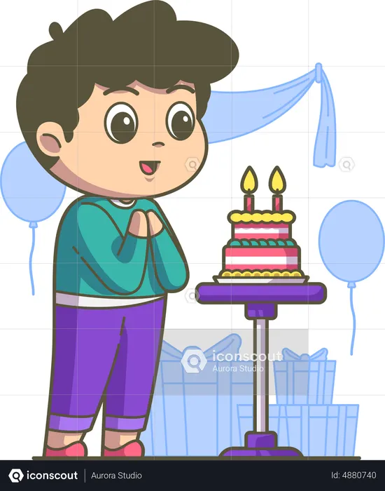 Boy celebrating birthday with cake  Illustration