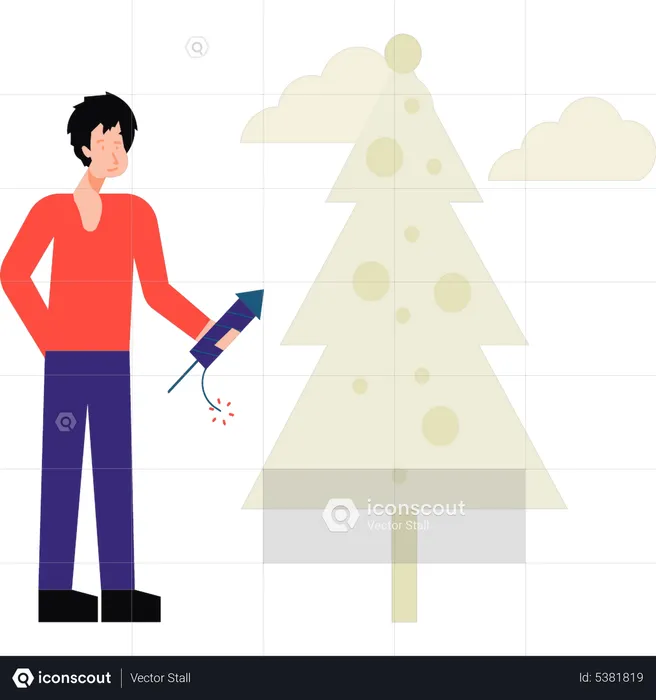 Boy celebrating Christmas with fireworks  Illustration