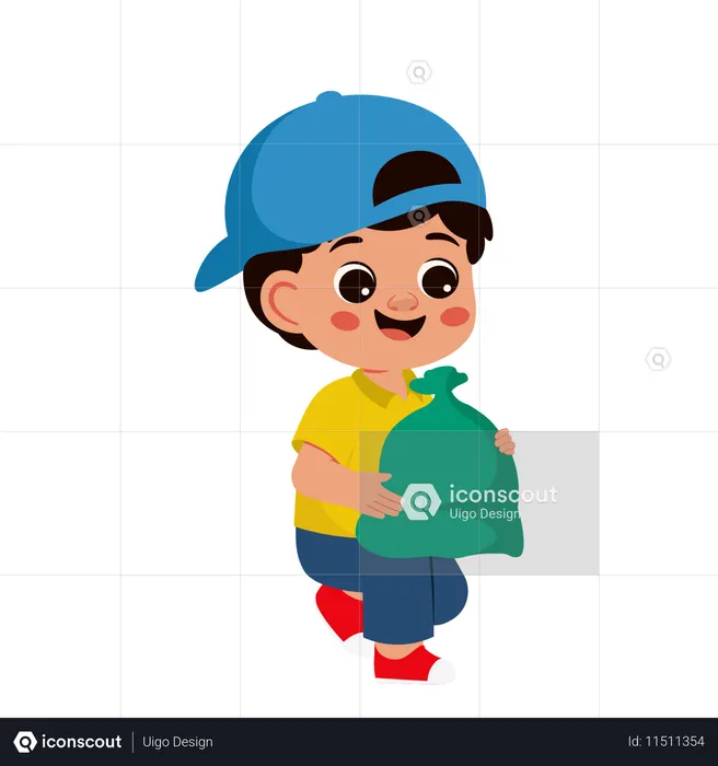 Boy Character Cleaning Garbage Lifting Plastic  Illustration