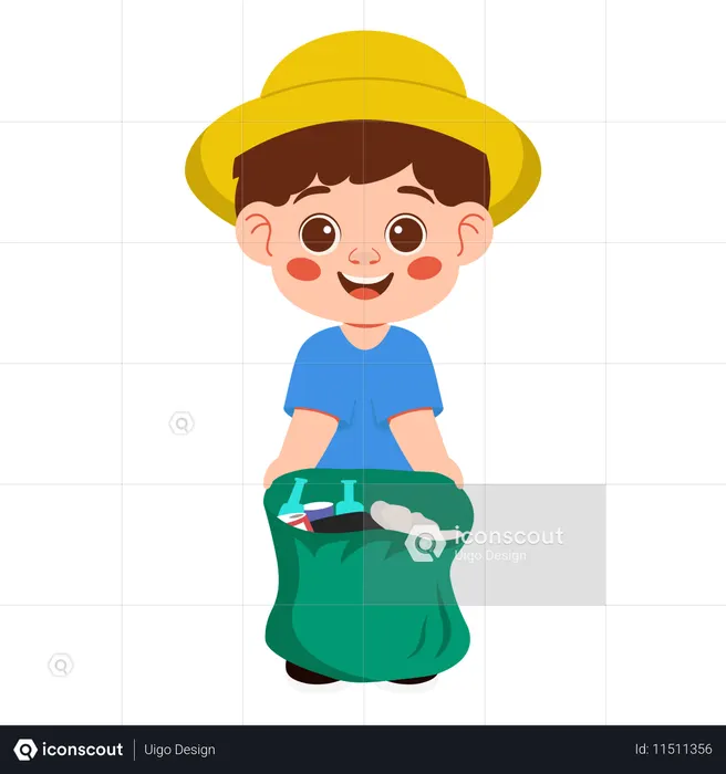 Boy Character Cleaning Trash Collecting Trash  Illustration