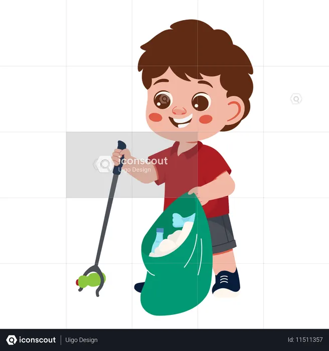 Boy Character Cleaning Trash Picking Up Trash  Illustration