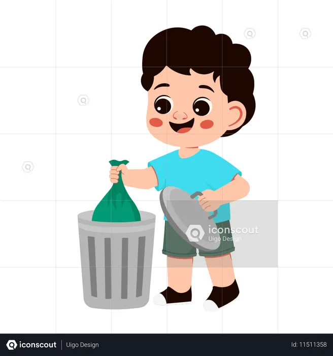Boy Character Cleaning Trash Put In Trash  Illustration