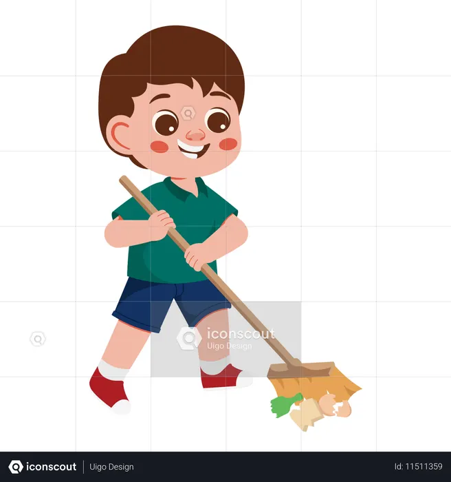 Boy Character Cleaning Trash Sweeping Trash  Illustration