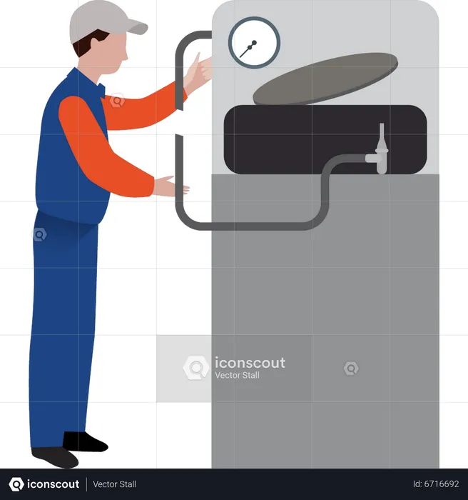 Boy checking air pressure in the tire  Illustration