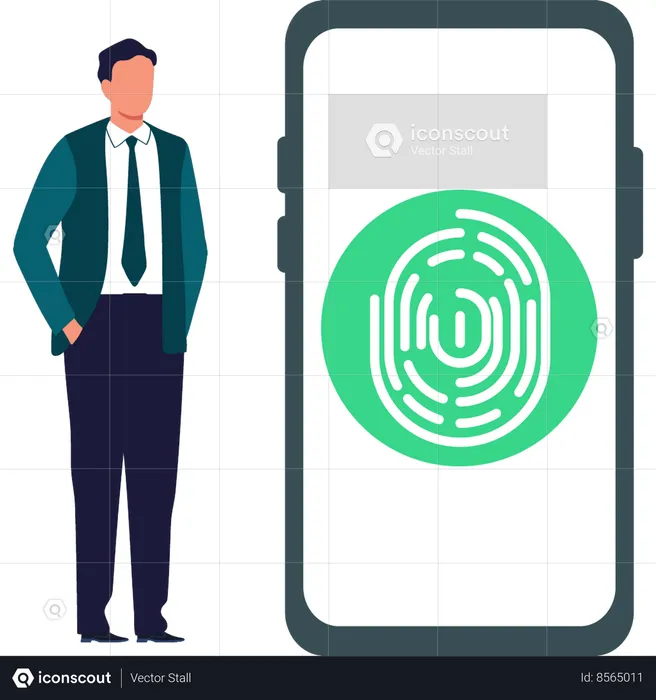 Boy checking biometric fingerprint on mobile  Illustration