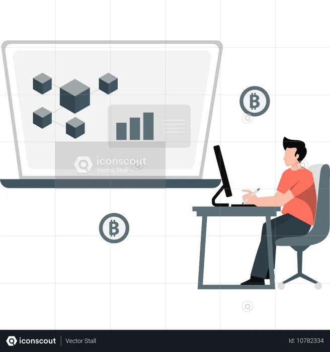 Boy checking bitcoin trading website  Illustration