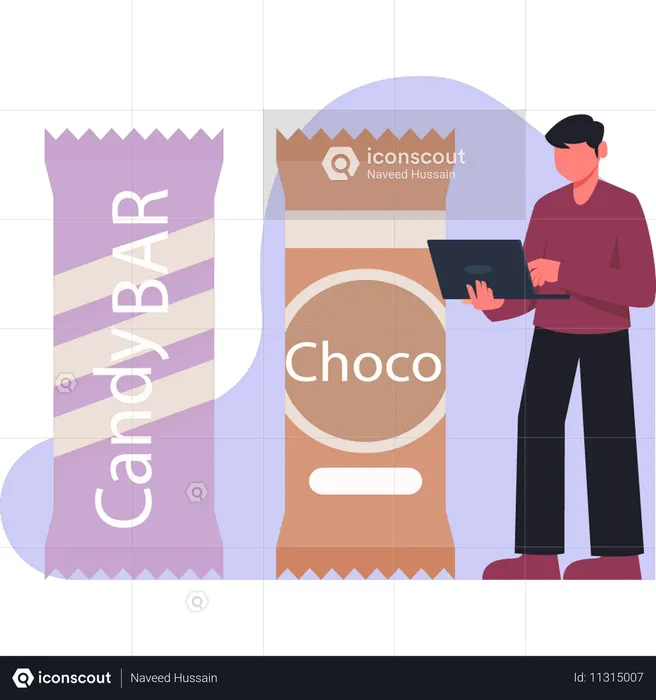 Boy  checking candy bar on laptop  Illustration
