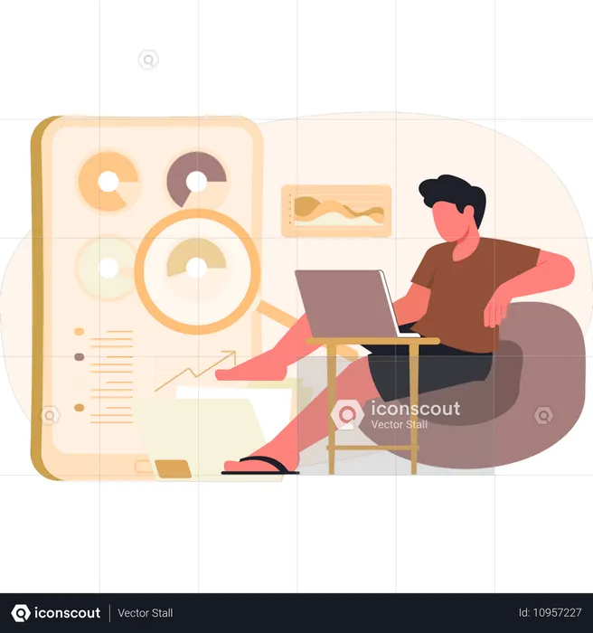 Boy checking computer data analysis  Illustration