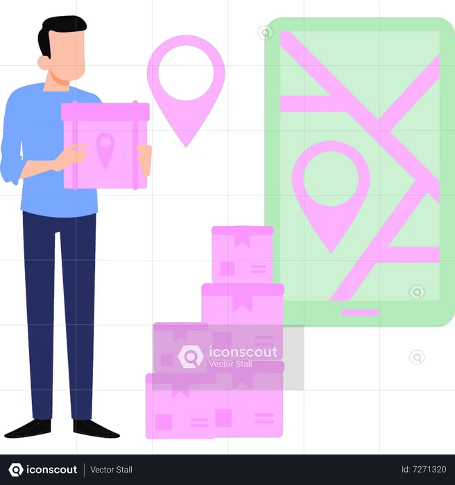 Boy checking delivery location on mobile  Illustration