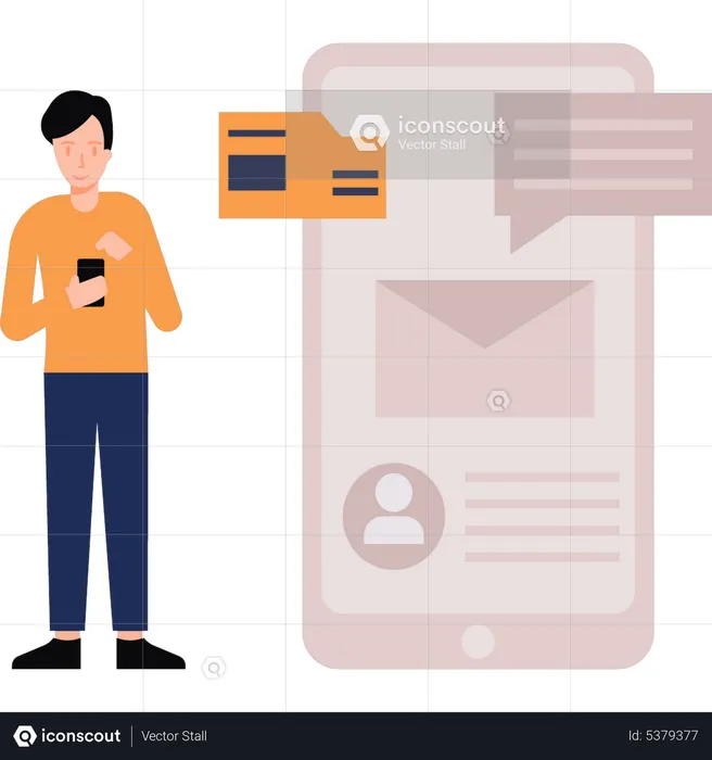 Boy checking mail on mobile  Illustration