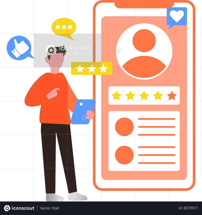 Boy checking star rating on mobile  Illustration