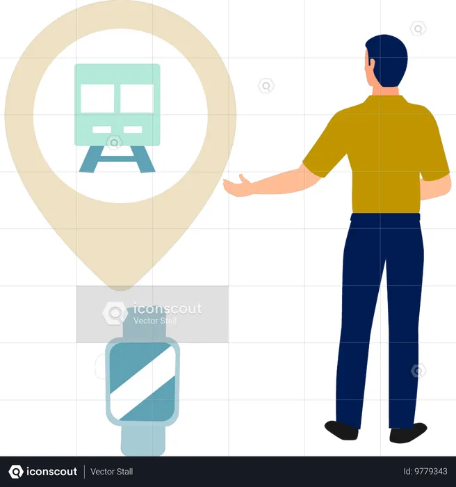 Boy checks train location on his digital watch  Illustration