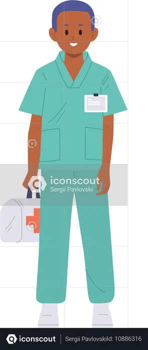 Boy child paramedic holding medical first aid kit box  Illustration