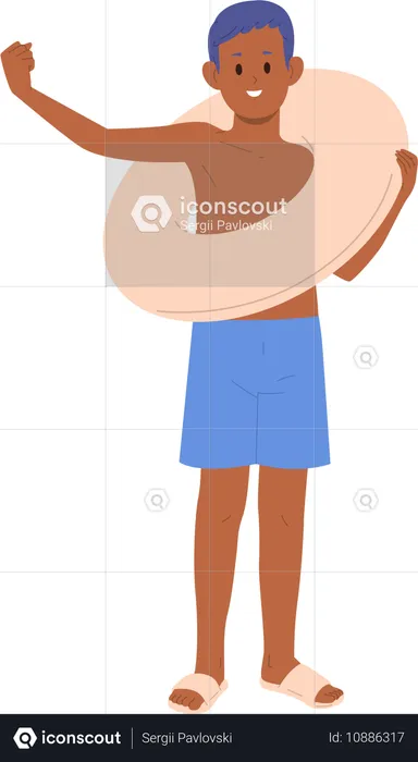 Boy child posing holding inflatable rubber ring gesturing power and strength with arm  Illustration