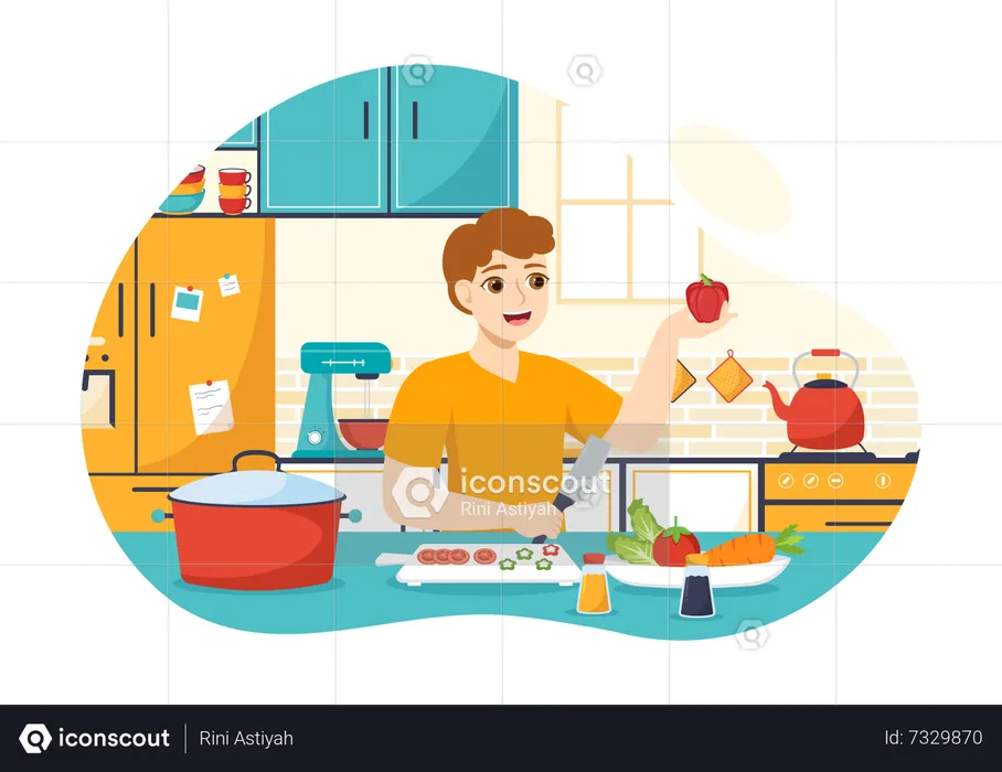 Boy chopping in kitchen  Illustration