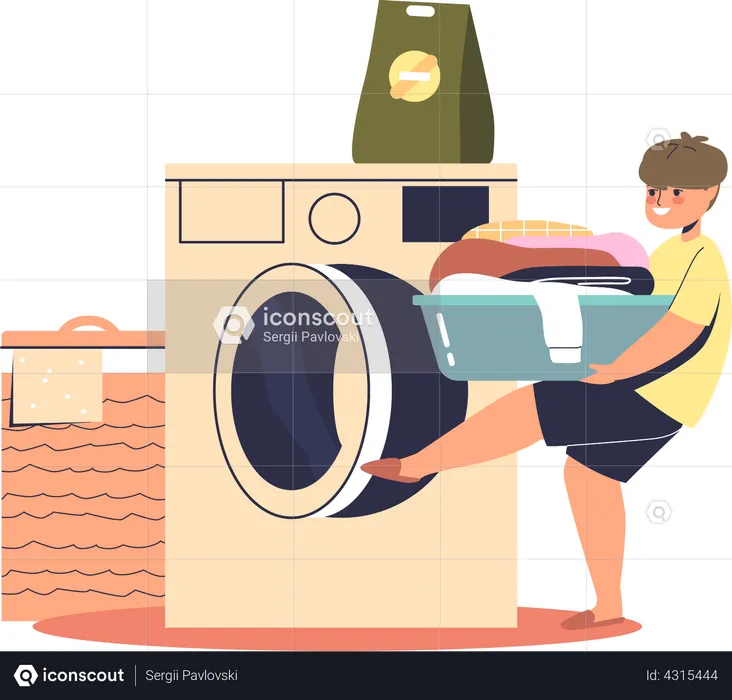 Boy cleaning clothes in washing machine  Illustration