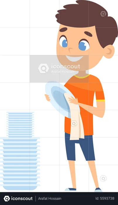 Boy cleaning dish  Illustration