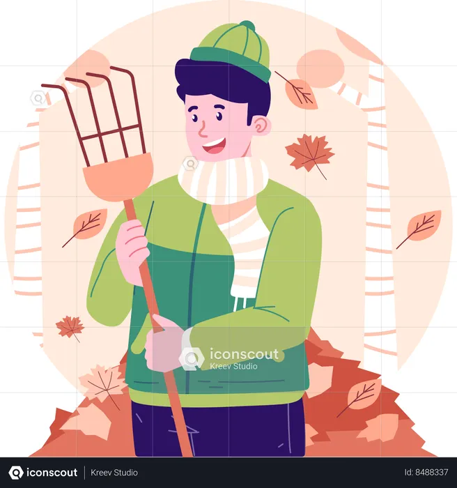 Boy cleaning dried leaves from the park  Illustration