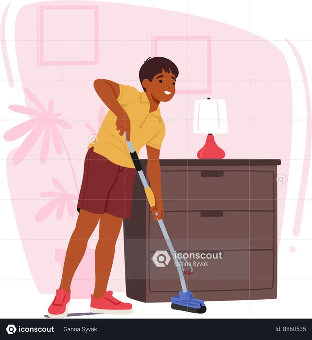 Boy cleaning floor with broom  Illustration