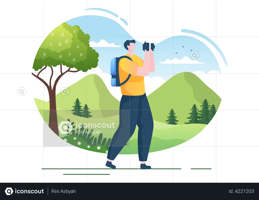 Boy clicking picture on trip  Illustration