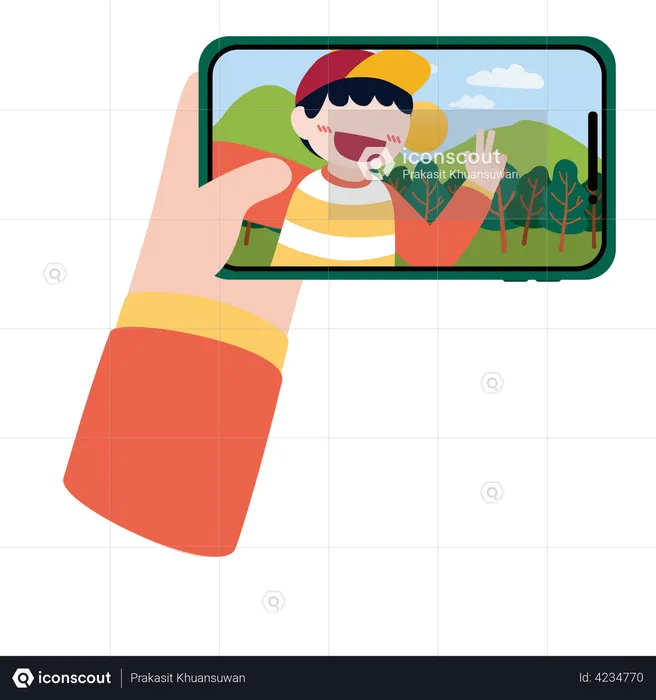 Boy clicking selfie while travelling  Illustration