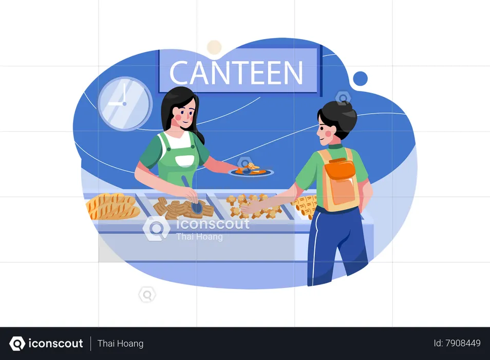 Boy Collecting Food From School Food Canteen  Illustration