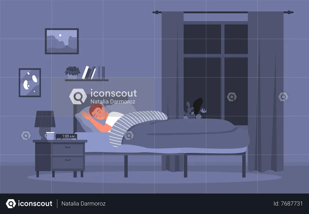 Boy comfortably on bed  Illustration