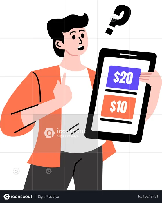 Boy comparing prices between different websites  Illustration