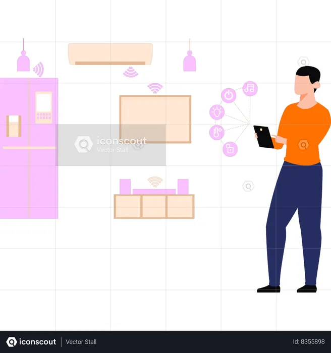 Boy controlling house through smart system  Illustration