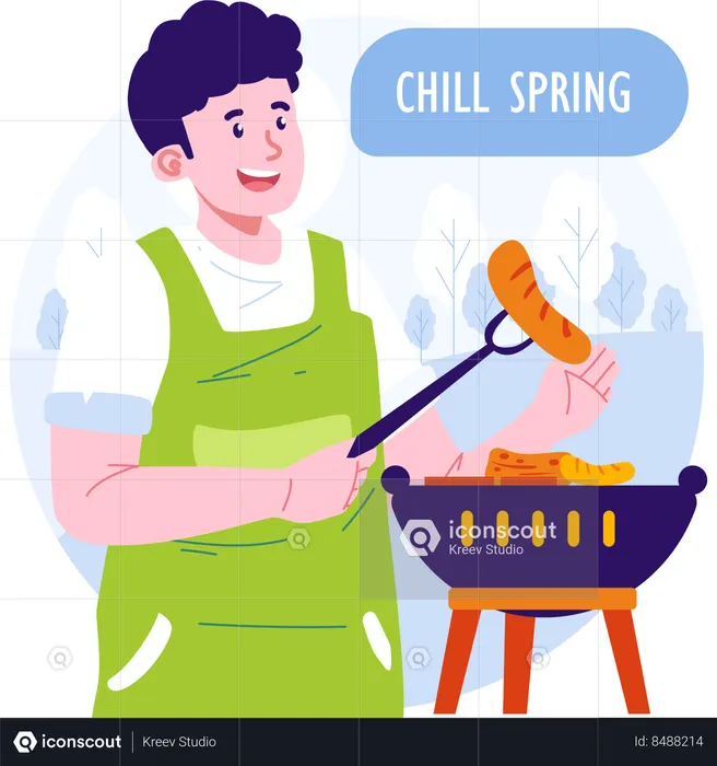 Boy cooking barbeque dinner in backyard  Illustration