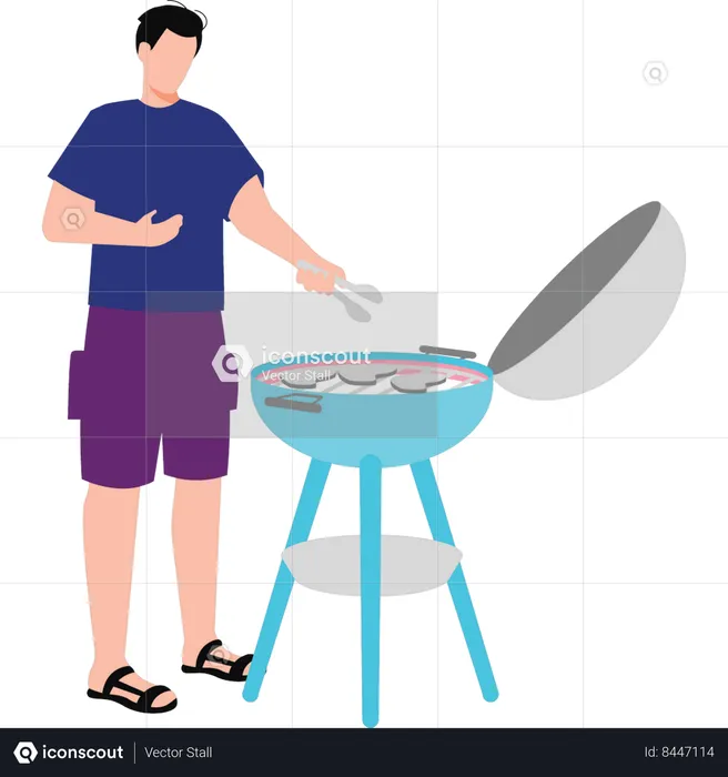 Boy cooking meat on barbecue grill  Illustration