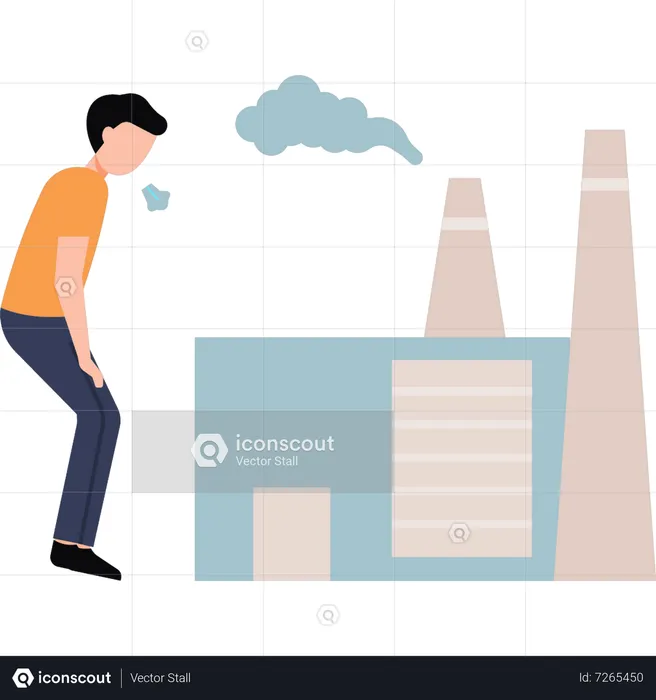 Boy coughing due to factory pollution  Illustration