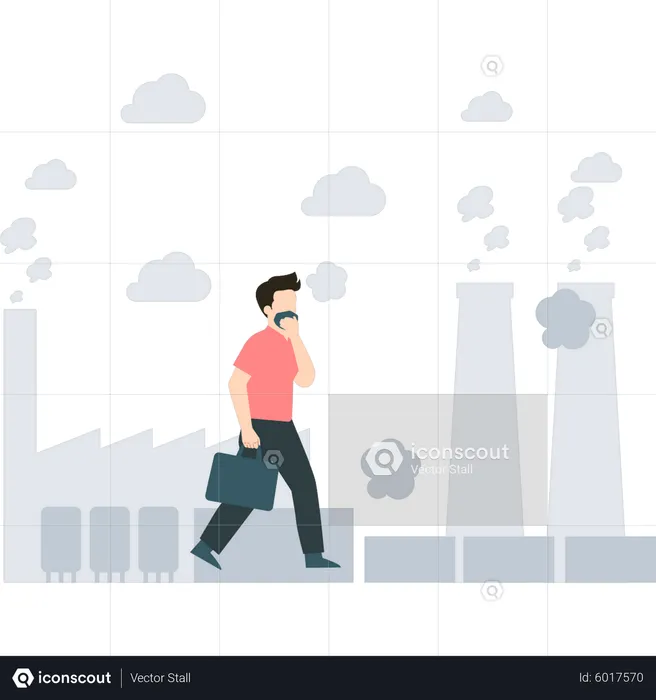 Boy covered his face to avoid air pollution  Illustration