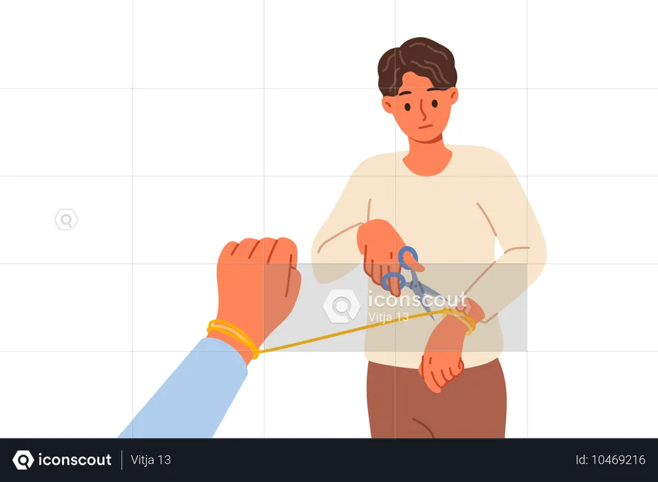 Boy cutting rope of relationship  Illustration