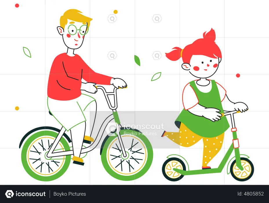Boy cycling while girl using kick scooter  Illustration