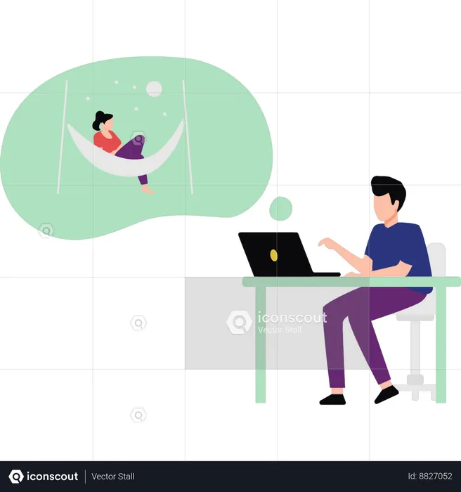 Boy daydreaming about a girl on a hammock  Illustration