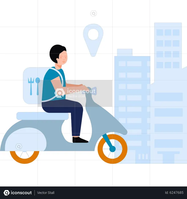 Boy delivers food on scooter  Illustration