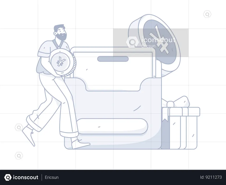 Boy depositing Yen coin in wallet  Illustration