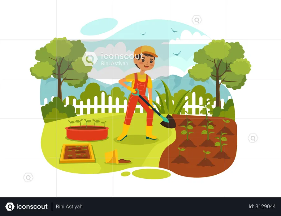 Boy Digging In Farm Illustration - Free Download Nature Illustrations 