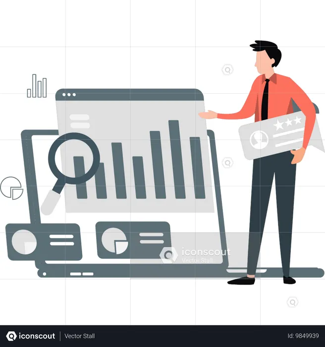 Boy displaying geographic chart on laptop  Illustration