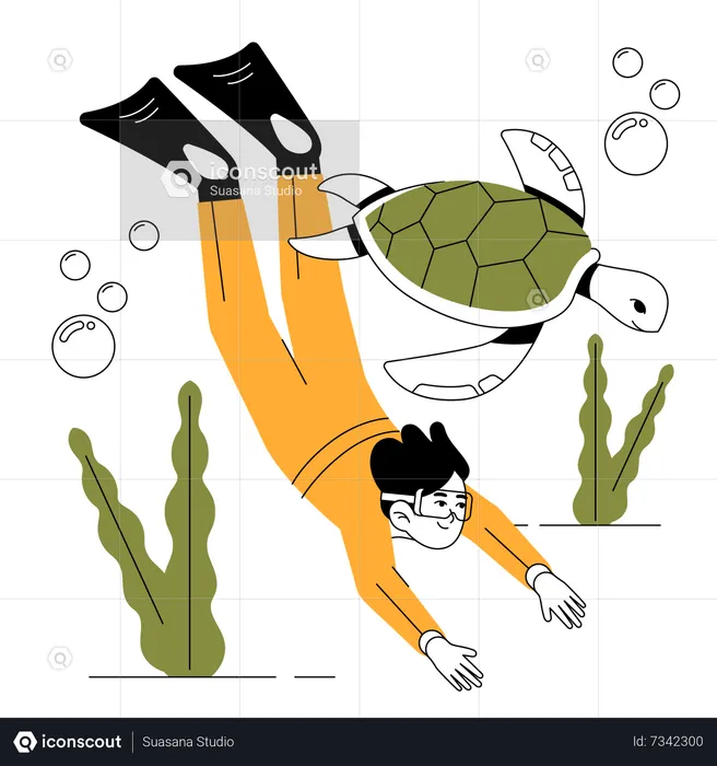 Boy diving into the deep sea with turtle  Illustration