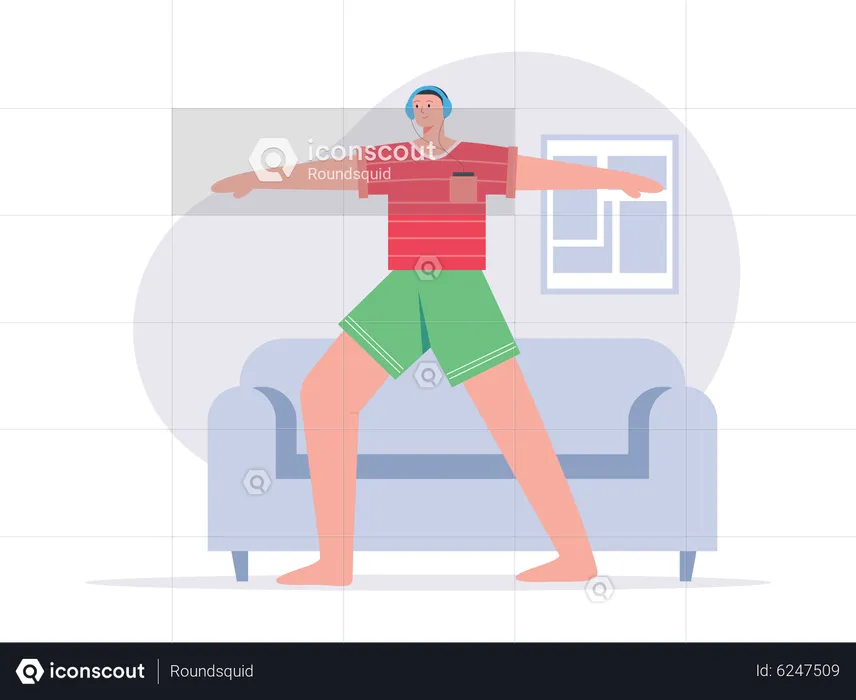 Boy do exercise at home while wearing headphones  Illustration