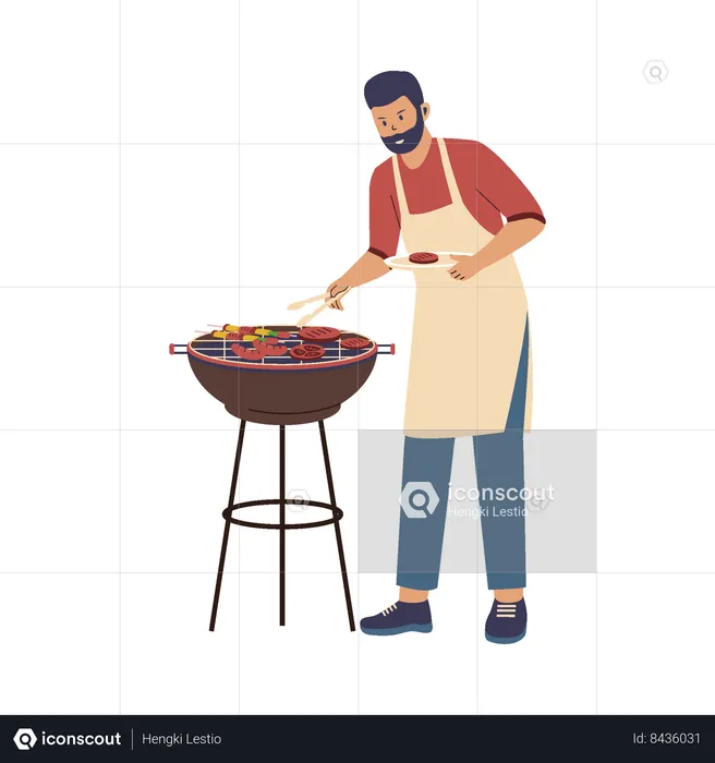 Boy doing BBQ party  Illustration