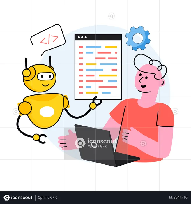 Boy doing coding with the help of ai robot  Illustration
