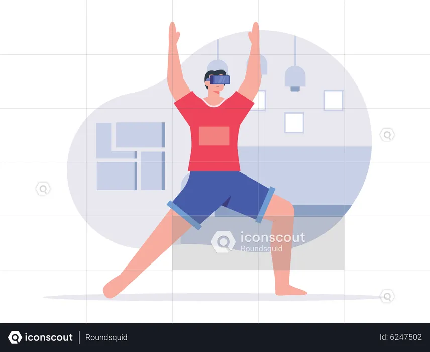 Boy doing exercise while wearing VR glasses  Illustration
