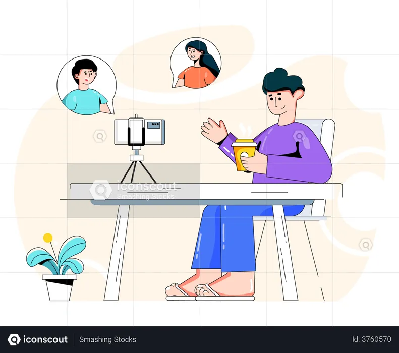 Boy doing group video call with friends  Illustration