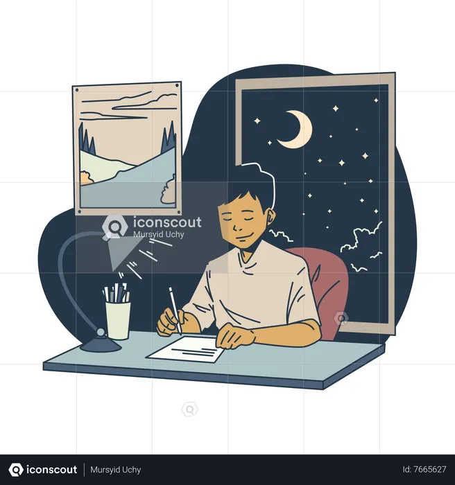 Boy doing homework at night  Illustration