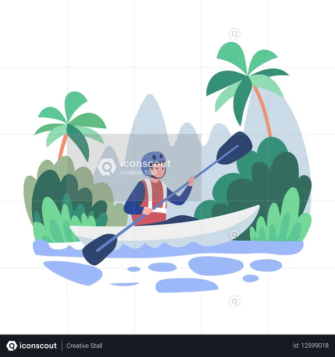 湖でカヤックをする少年  イラスト